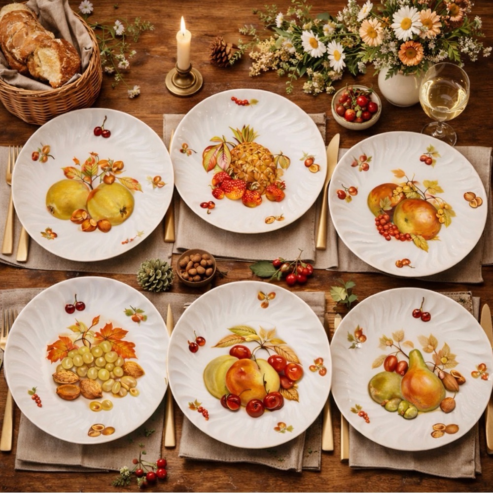 Fruit and Nut Design Porcelain Dinner Plates Set Vintage Old Nuremberg Germany